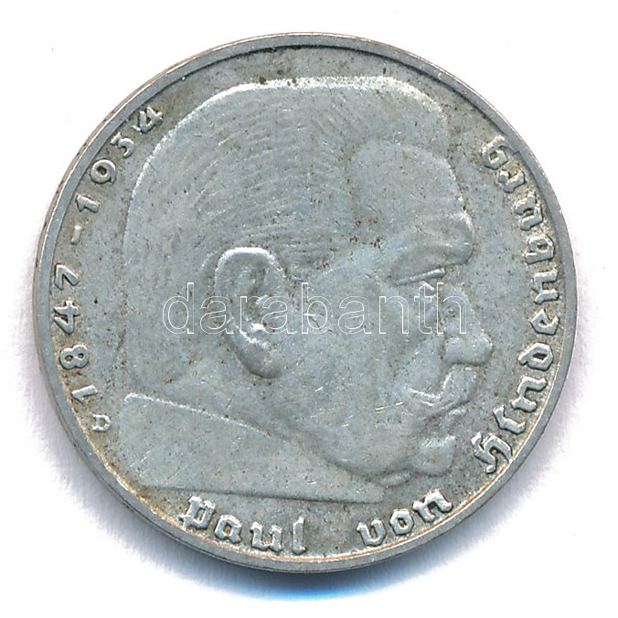 Német Harmadik Birodalom 1937D 5M Ag 'Hindenburg' T:XF patina German Third Reich 1937D 5 Reichsmark Ag 'Hindenburg' C:XF patina Krause KM#93
