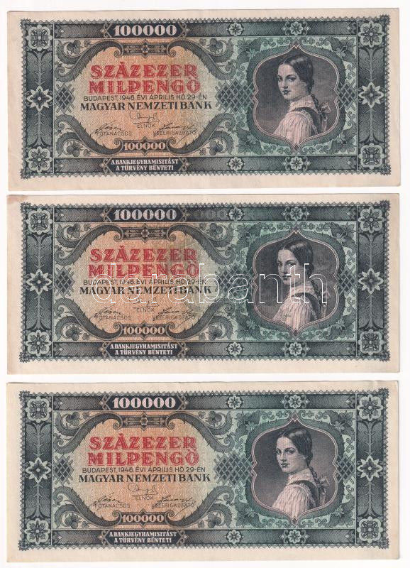 1946. 100.000MP (3x) sorszámkövetők 'B 212 061577 - B 212 061579' T:VF,F folt Adamo P30