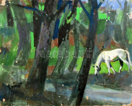 Ezüst György (1935-2017): Fehér ló. Olaj, farost, jelezve balra lent. Hátoldalán Ezüst György autográf ajándékozási soraival 1973-ból. Sérült. 40,5×49 cm