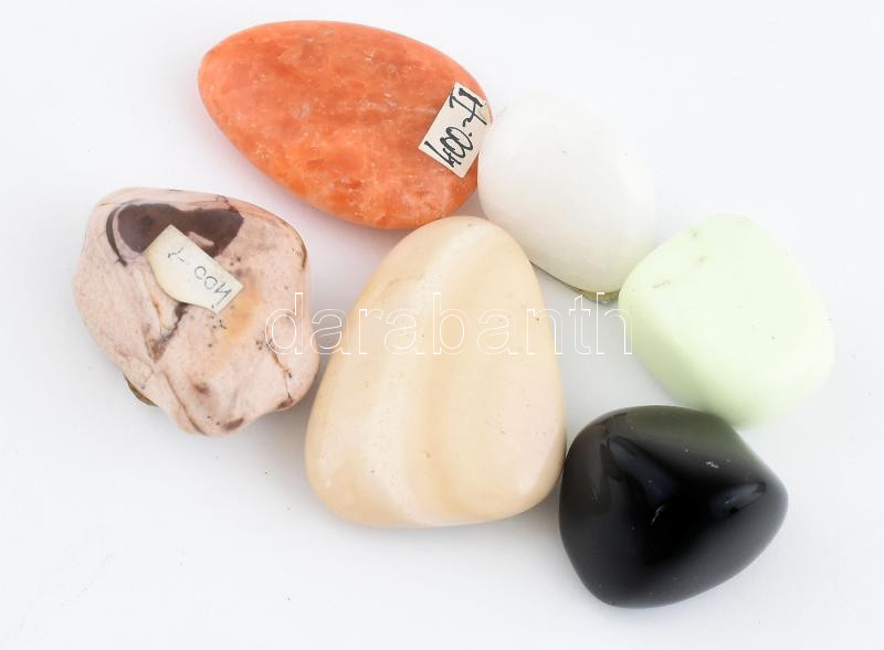 6 db ásvány: Mookait, orchidea kalcit, obszidián, kapucsinó jáspis, citrom krizopráz, tejkvarc, 2,5-4,5 cm