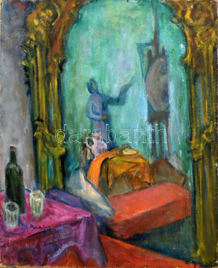 Gráber Margit (1896-1993): Tükörből, 1982. Olaj, karton, jelezve balra lent. Hátoldalán 1990 előtti MNG kiviteli pecséttel. 60×50 cm.