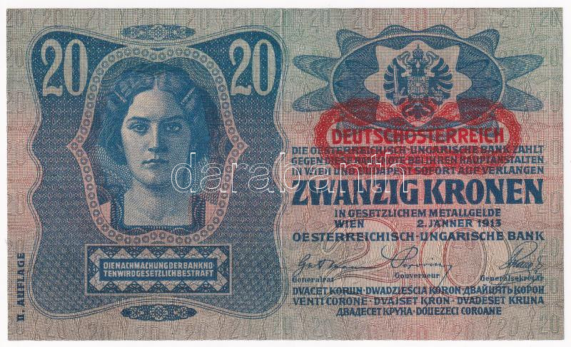 1913. 20K II. kiadás, piros 'DEUTSCHÖSTERREICH' felülbélyegzéssel T:II Adamo K18B - Image 2