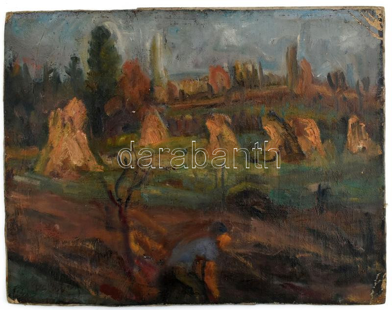 Gráber Margit (1896-1993): Tájkép kazlakkal, 1916. Olaj, vászon, kartonra kasírozva, jelezve balra lent. Hátoldalán feliratozott. Kissé sérült. 29,5×38 cm. Feltehetően a Kecskeméti művésztelepen készült, ahol Gráber