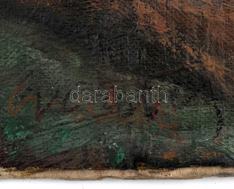 Gráber Margit (1896-1993): Tájkép kazlakkal, 1916. Olaj, vászon, kartonra kasírozva, jelezve balra lent. Hátoldalán feliratozott. Kissé sérült. 29,5×38 cm. Feltehetően a Kecskeméti művésztelepen készült, ahol Gráber - Image 2