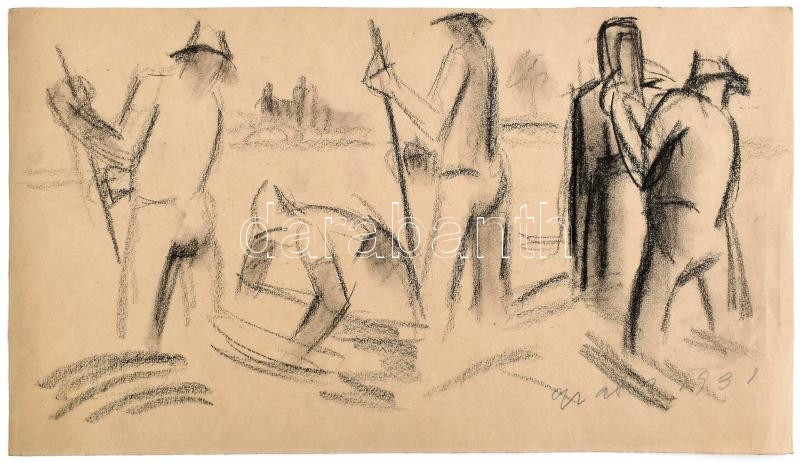 Gráber Margit (1896-1993): Aratás, 1931. Szén, papír, jelezve jobbra lent. Apró lapszéli szakadással. 23×41,5 cm.