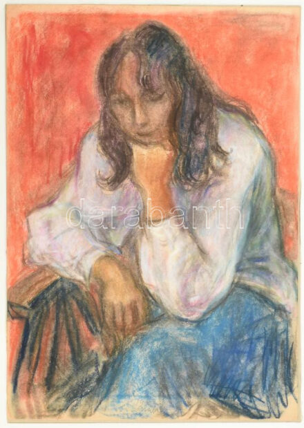 Gráber Margit (1896-1993): Gondolkodó lány, 1982. Pasztell, papír, jelzett, kartonra kasírozva. 61×43 cm.