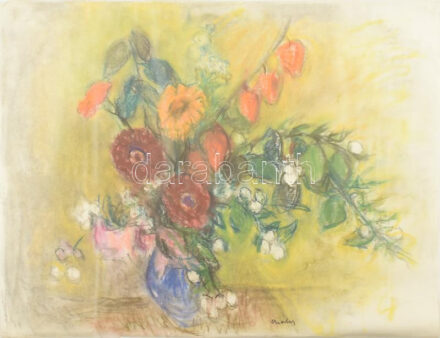 Gráber Margit (1896-1993): Csendélet, 1982. Pasztell, papír jelzett, kartonra kasírozva. 50×65 cm.