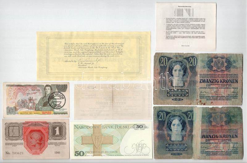 8db-os vegyes magyar és külföldi bankjegy, valamint sorsjegy és replika bankjegy tétel, közte Amerikai Egyesült Államok / Jersey / Jersey City 1865. 2$ hátoldalán jelzett gyűjtői másolat T:AU-VG közte szép papír, az egyik ragasztott - Image 2