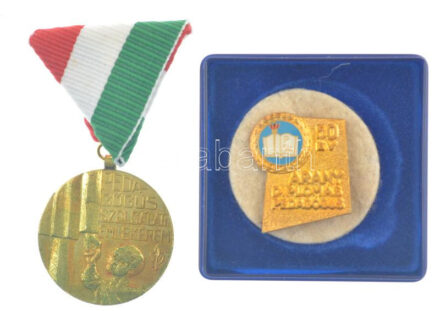 ~1970. '50 év - Aranydiplomás pedagógus' aranyozott, műgyantás jelvény műanyag tokban + 1987. 'Pedagógus Szolgálati Emlékérem' aranyozott bronz kitüntetés mellszalagon (36mm) T:XF NMK 714
