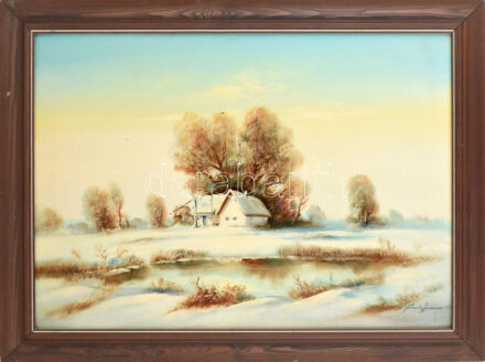 Böröczky Ferenc (1921-2004): Téli puszta. Olaj, farost, jelzett, keretben, 50x80 cm