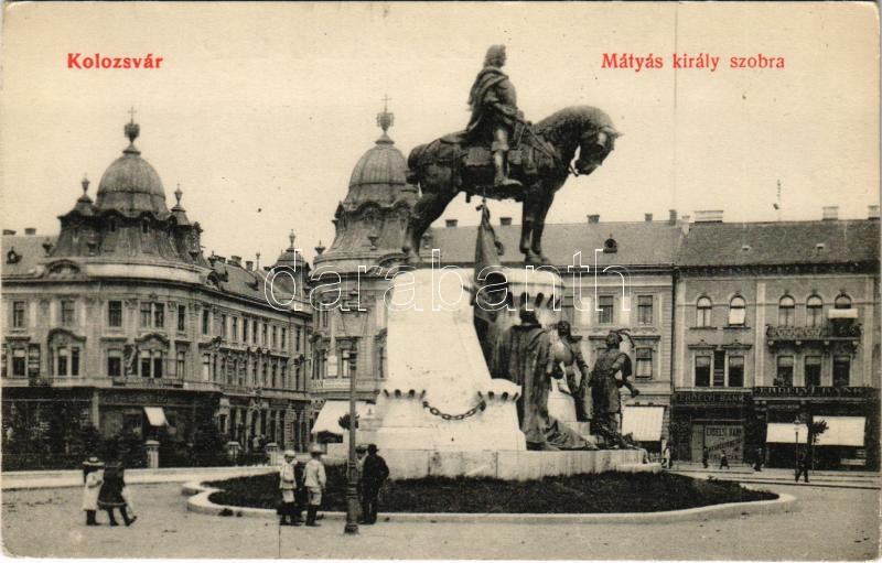 Kolozsvár, Cluj; Mátyás király szobra, Erdélyi Bank. Lepage Lajos kiadása / statue, monument, bank