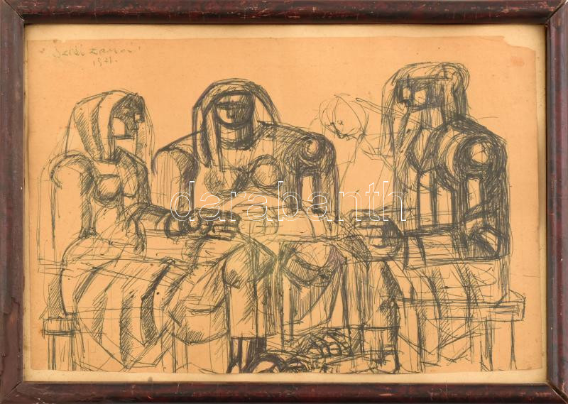 Angyalföldi Szabó Zoltán (1929-2014): Beszélgetők, 1971. Golyóstoll, papír, jelezve balra fent, kissé sérült. Üvegezett fakeretben. 19x28 cm.