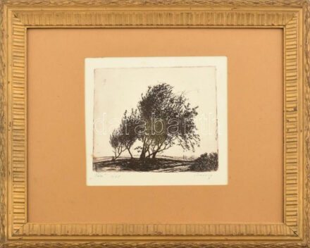 Barcsay Jenő (1900-1988): Fák, 1923. Rézkarc, papír, jelzett. Dekoratív, üvegezett fakeretben. 12,5x15 cm