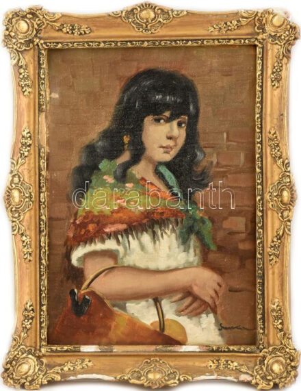 Olvashatatlan jelzéssel: Lányka. Olaj, vászon, kartonra kasírozva, kissé sérült. 35x44 cm. Sérült, dekoratív fakeretben.