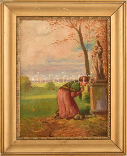 Jelzés nélkül: Ima. Olaj, vászon, 32x24 cm. Dekoratív, kissé sérült fakeretben.