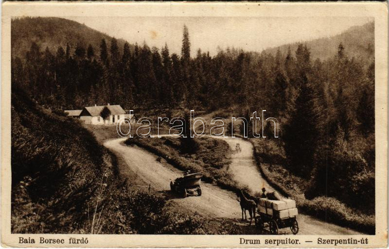 1931 Borszék, Borsec; Drum serpuitor / Szerpentin út, automobil, lovaskocsi / road, automobile, horse-drawn carriage (képeslapfüzetből / from postcard booklet) (EK)
