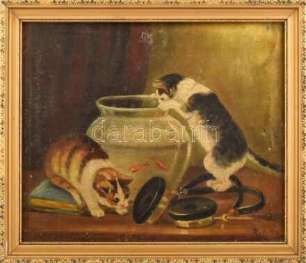 R.I. jelzéssel: Cicák. Olaj, vászon, sérült, 32x38 cm, dekoratív fakeretben.