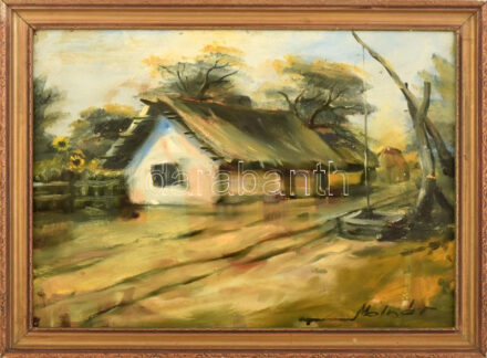 Molnár jelzéssel: Tanya. Olaj, karton, 30x40 cm, dekoratív fakeretben.