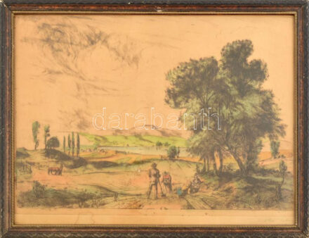 Csóka István (1897-1989): Vetés. Színezett rézkarc, papír, jelzett, üvegezett fakeretben, kissé foltos, 29×39 cm