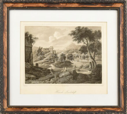 J. Milet festménye után, C. Gunkel metszése: Római táj (Römscihe Landschaft). Acélmetszet, papír, jelzett a metszeten. Üvegezett fakeretben. 15x20 cm.