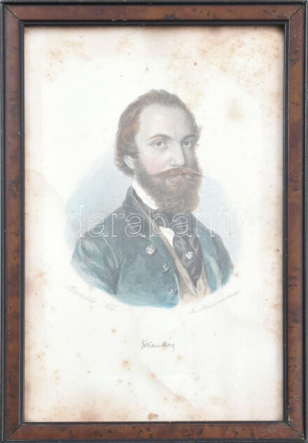 1858 Jókai Mór acélmetszetű arcképe, Barabás Miklós festménye után,, kézzel színezett 9x13 cm Üvegezett keretben, foltos