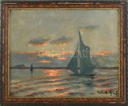 Vasvári Wertheimer Sándor (?-?): Vitorlások naplementében. Olaj, vászon, jelzett, 40x50 cm. Dekoratív, sérült fakeretben.
