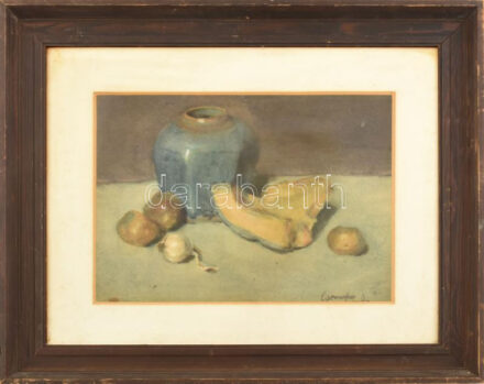 Olvashatatlan (Czene ?) jelzéssel: Csendélet, 1911. Akvarell, papír. 27x37 cm. Üvegezett fakeretben.