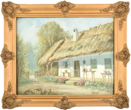 Gebauer Gizella (1877-?): Virágos udvar. Olaj, vászon, jelzett. Üvegezett, dekoratív fakeretben.