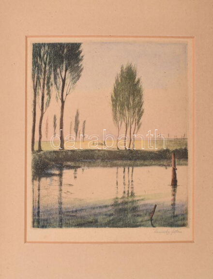 Kaveczky Zoltán (1897-1965): Vízparton (cím nélkül). Színezett rézkarc, papír, jelzett, paszpartuban, 21×18 cm