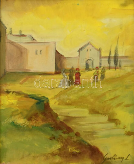 Gulácsy L jelzéssel: Sétálók. Vegyes technika, karton. Üvegezett, dekoratív fa keretben. 40x30 cm