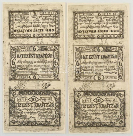 1999. 2kr + 6kr + 10kr 'Bem' (2x) Az 1848-49-es forradalom és szabadságharc 150. évfordulóján készült erdélyi szükségpénz utányomása, eredeti nyomólemezzel, hátlapon feliratozott és sorszámozott sorszámkövető '00062' és