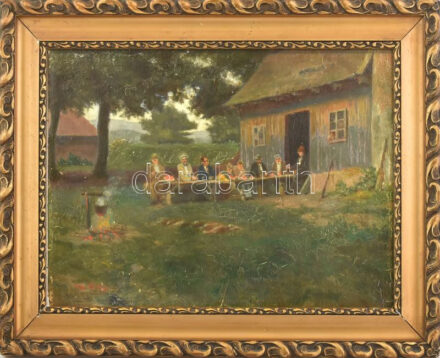 Olvashatatlan jelzéssel: Bográcsozás a szabadban, 1925. Olaj, karton. Dekoratív fakeretben, 25x49 cm