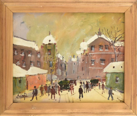 Bánfi jelzéssel: Téli forgatag. Olaj, karton, fakeretben. 27x33 cm