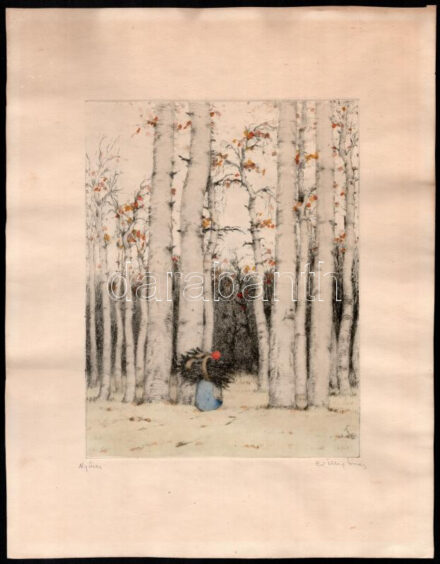 Csillag József (1894-1977): Nyíres. Színezett rézkarc, papír, jelzett. 23x18 cm