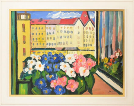 Schéner Mihály (1923-2009): Petúniák. Olaj, farost, jelzett. Hátoldalán Képcsarnok Vállalat raglapjával és autográf felirattal. Dekoratív fakeretben, 60×80 cm