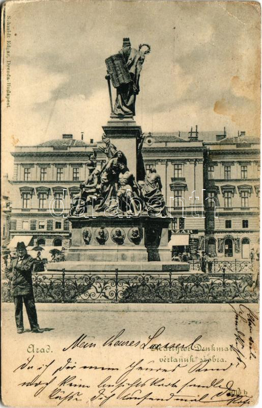 1900 Arad, Vértanúk szobra, üzletek / Martyrer-Denkmal / martyrs' monument, shops (kis szakadások / small tears)