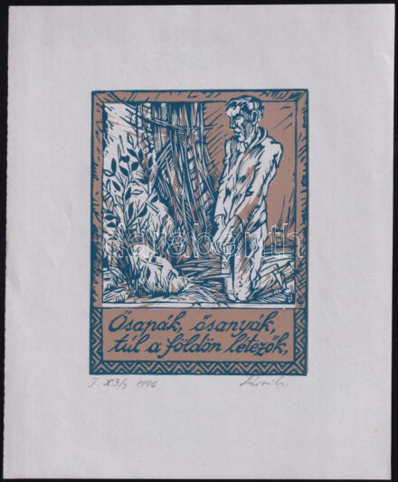 Sárosi Csaba (1951-). 'Ősapák, ősanyák (...)' (Magyarság-sorozat I.), 1996. Linómetszet, papír, jelzett. 15x12 cm