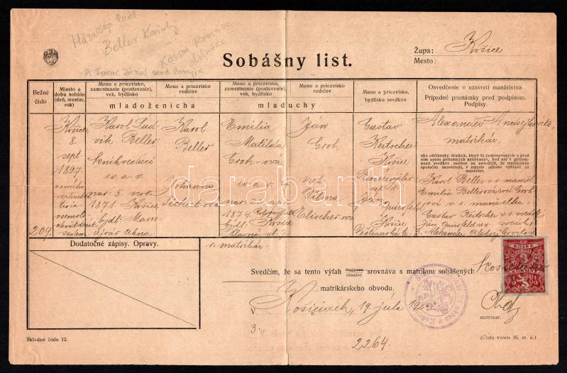 1923 Kassa, házassági levél Beller Károly (a kassai kamara elnöke, a Ferenc József-rend lovagja) és neje részére