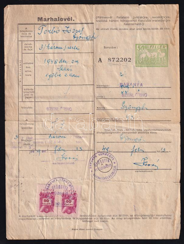 1949 Marhalevél illetékbélyeggel