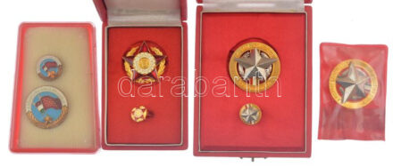 ~1970. 'Az Ipari Szövetkezet Kiváló Dolgozója' aranyozott, zománcozott fém kitüntető jelvény (2db, az egyik miniatűrrel, eredeti tokban) + 'Könnyűipar Kiváló Dolgozója aranyozott, zománcozott fém kitüntető jelvény' miniatűrrel,