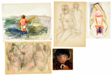 Udvardi Gyula (1925-2016): Portré fehér bottal. Olaj, farost, jelzett, 14,5x13,5 cm + 4 db további vázlat/mű (közte egy kétoldalas), vegyes technika, papír, jelzés nélkül, 24x15 cm és 32x25 cm között