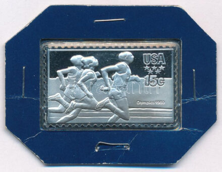 Amerikai Egyesült Államok 1980. 15c 'Futás' Ag olimpiai bélyegérem (~12g/0.925/24,5x39,5mm) T:PP USA 1980. 15 Cents 'Track' Ag olympic stamp medallion (~12g/0.925/24,5x39,5mm) C:PP
