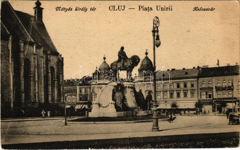 1926 Kolozsvár, Cluj; Mátyás király tér és szobor, Erdélyi Bank, üzletek. Vasúti levelezőlapárusítás 21. sz. 1918. / Piata Unirii / square, statue, monument, bank, shops