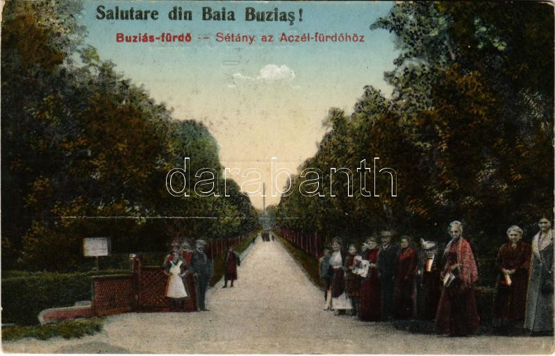 Buziásfürdő, Baile Buzias; sétány az acélfürdőhöz. Heksch Manó kiadása / spa, promenade to the bath (fa)
