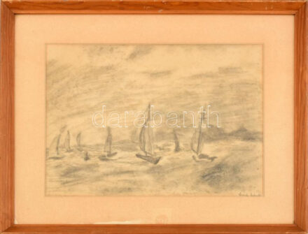 Garády Gabriella: Vitorlások. Szén, papír. 29x3805 cm, üvegezett fakeretben.
