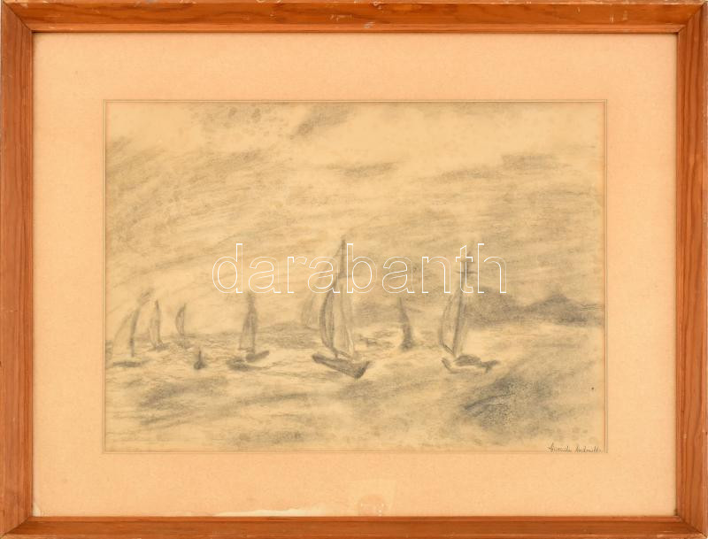 Garády Gabriella: Vitorlások. Szén, papír. 29x3805 cm, üvegezett fakeretben.