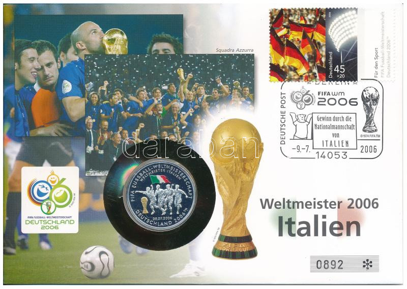 Németország 2006. 'FIFA Labdarúgó Világbajnokság, Németország' Ag emlékérem megcímzett érmés borítékon, elsőnapi bélyegzős bélyeggel, hátoldali tanúsítvánnyal, ismertetővel (~10g/0.925/30mm) T:PP patina Germany 2006. 'FIFA