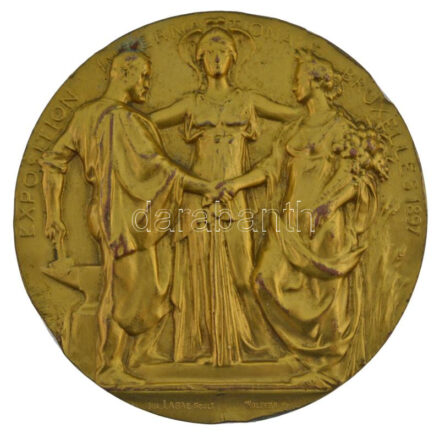 Belgium 1897. 'Brüsszeli Nemzetközi Kiállítás' aranyozott bronz emlékérem. Szign.: JUL LAGAE SCULT - WOLFERS FECT (70mm) T:XF,VF több ph. Belgium 1897. 'Brussels International Exposition' gilt bronze commemorative medallion. 'EXPOSITION