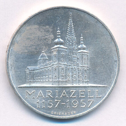 Ausztria 1957. 25Sch Ag '800 éves a Mariazelli kegytemplom' T:XF ph., fo. Austria 1957. 25 Schilling Ag '8th Centennial - Mariazell Basilica' C:XF edge error, spotted Krause KM#2883