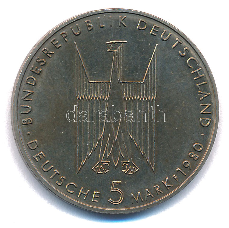 NSZK 1980F 5M Cu-Ni 'Kölni Dón' T:AU,XF patina FRG 1980F 5 Mark Cu-Ni 'Cologne Cathedral' C:AU,XF patina Krause KM#153 - Image 2